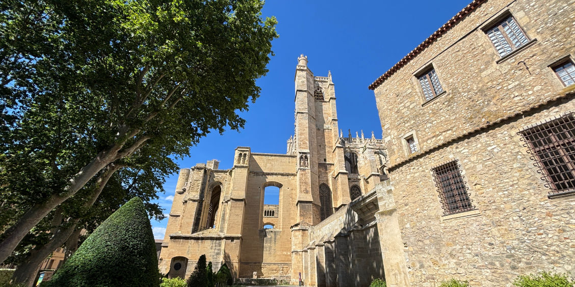 Veduta esterna della maestosa Cattedrale gotica di San Giusto e San Pastore a Narbona, Francia, incorniciata da alberi e palazzi storici.
