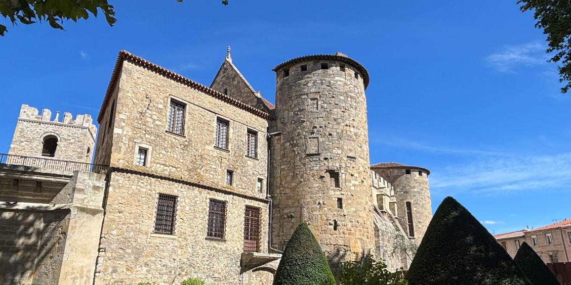 Il monumentale Palazzo dei Vescovi (Palais des Archevêques) a Narbona, Francia, con le sue antiche torri fortificate medievali.